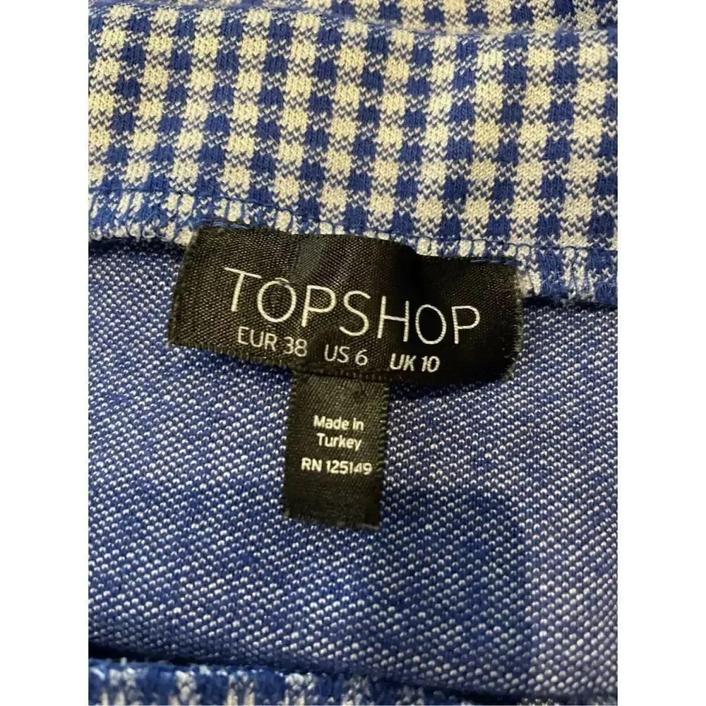 TopShop 6 gingham print blue white mini shirt w/slanted ruffle